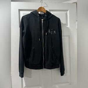 Armani Exchange Black Zip-Up Hoodie with Sequin AX Patch
